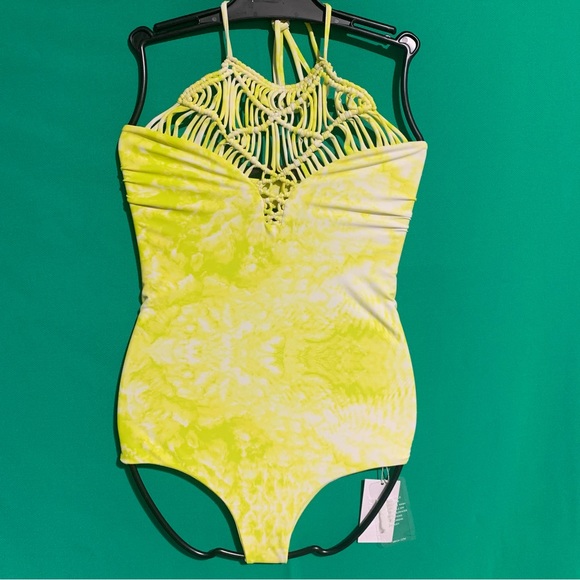 Mikoh Swim Moorea One-Piece Swimsuit Bathing Halter Tie Dye Yellow Lime XS - Picture 2 of 9